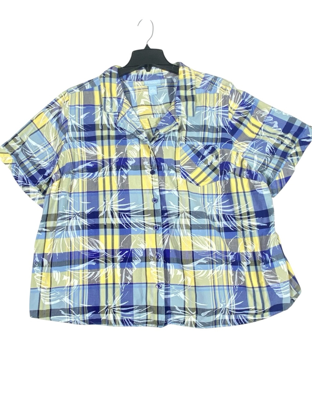 Liz & Me Tropical Leaf Hawaiian Plaid Shirt Women's 3X Yellow Blue Button Up
